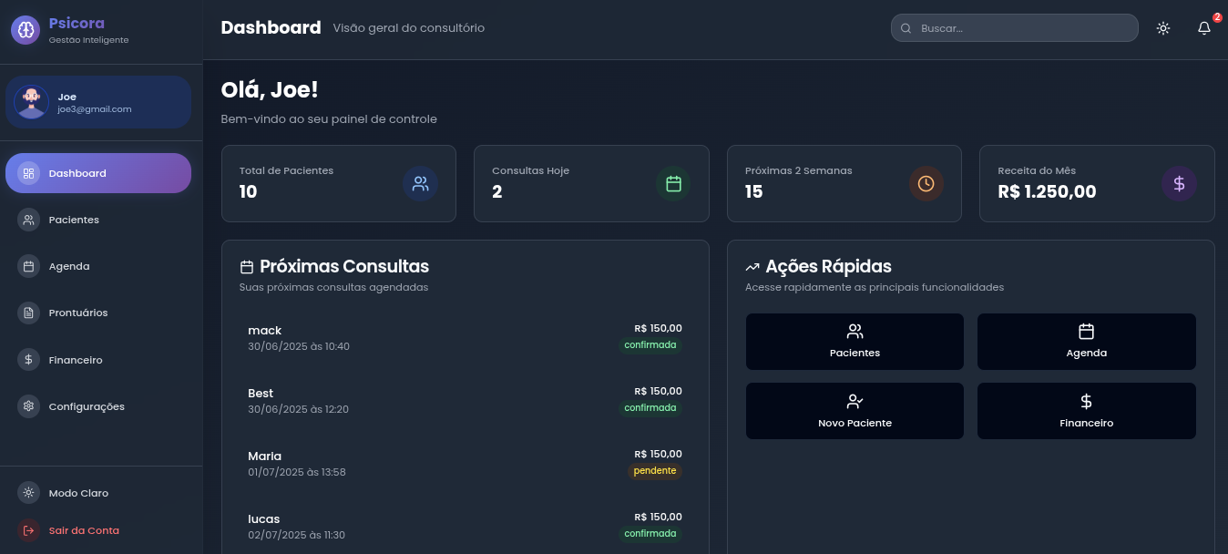 Dashboard real do Psicora: painel com estatísticas, próximas consultas e atalhos rápidos.